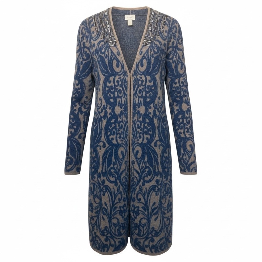 Chicos Beaded‎ Embellished Blue Tan Scroll Pattern Long Cardigan Sweater Size 1